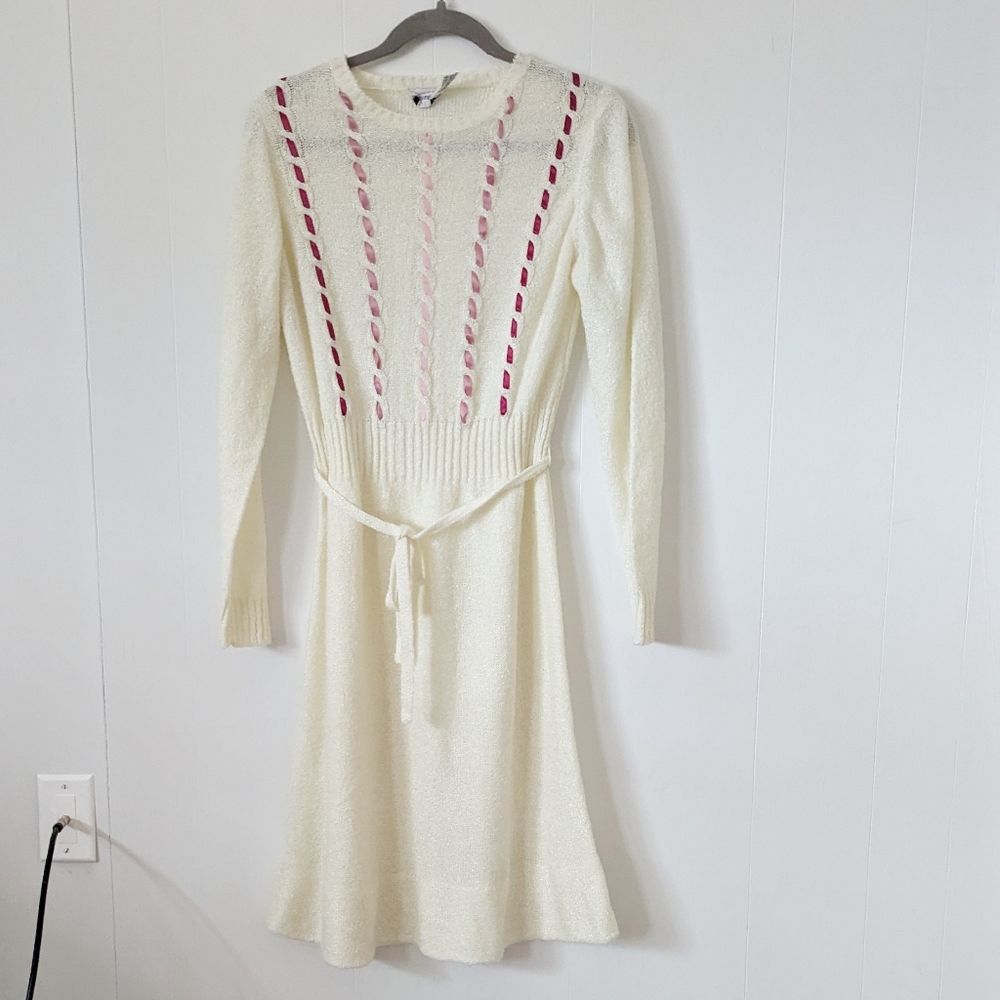 Vintage 70s/80s Knit Tisch International Sweater Dress With Ribbon Detail